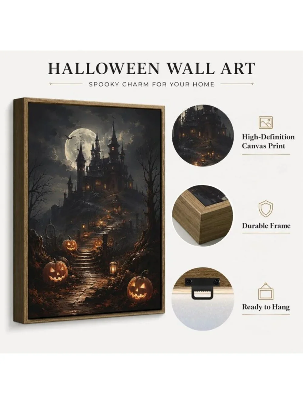 Spooky Halloween Framed Wall Art - Haunted House & Pumpkin Decor Pictures